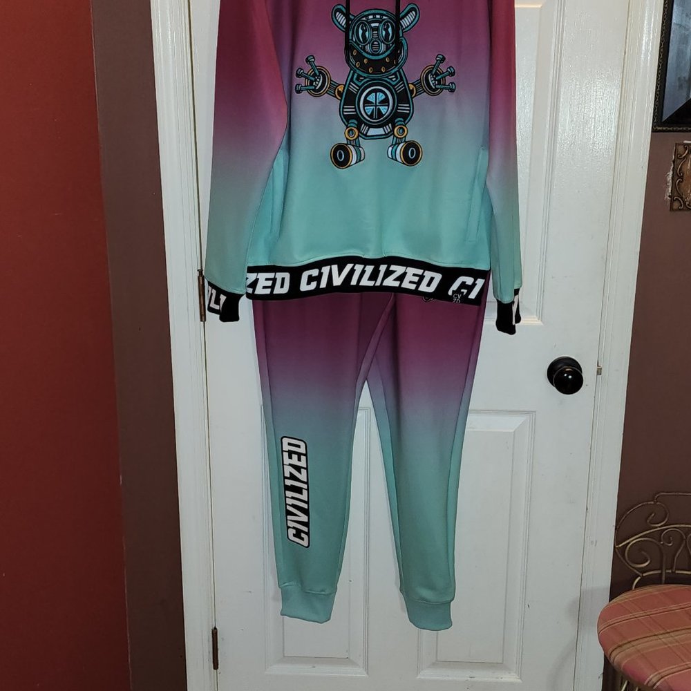 Civilized Jogger Sweatpants and Hoodie Two Piece Outfit. colors are teal green B